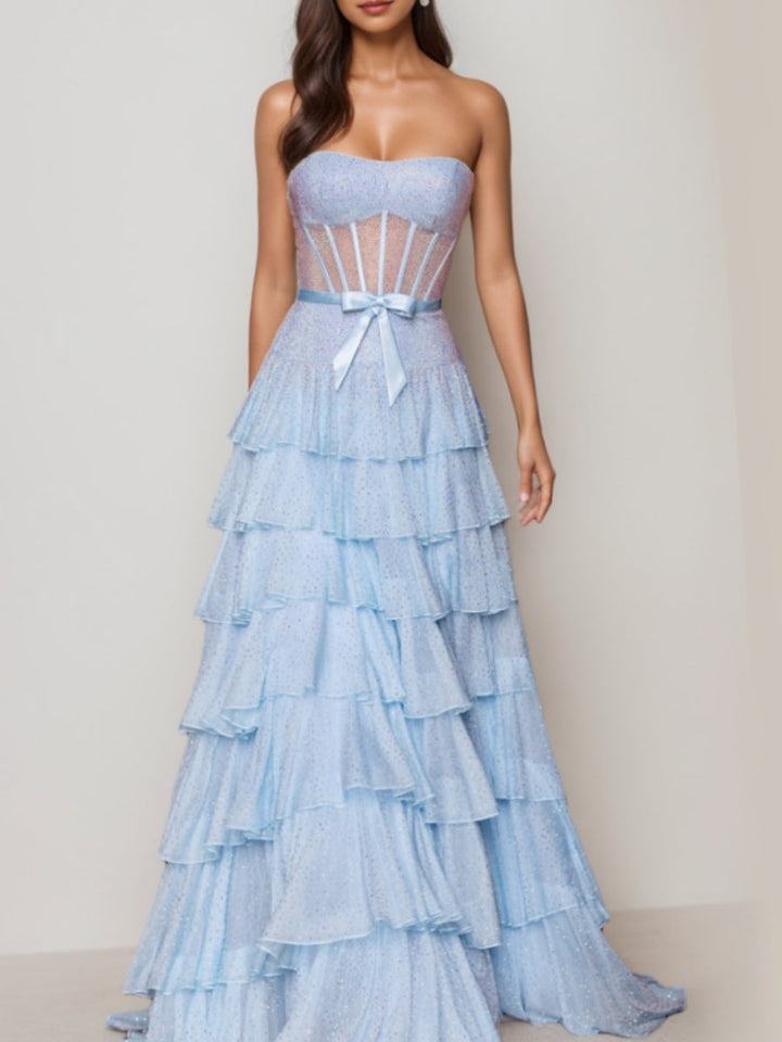 A-Line/Princess Strapless Tulle Prom Dresses with Bowknot Floor-Length