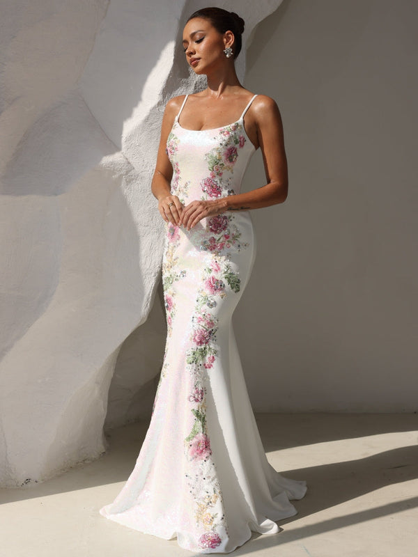 Trumpet/Mermaid Spaghetti Straps Prom Dresses Floral Sequins Floor-Length