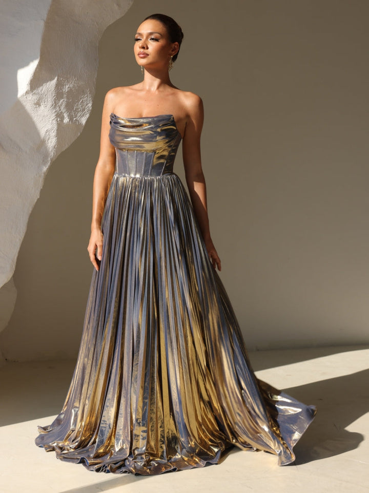 A-Line/Princess Evening Dress Strapless Formal Prom Long Pleated Dresses With Split Side