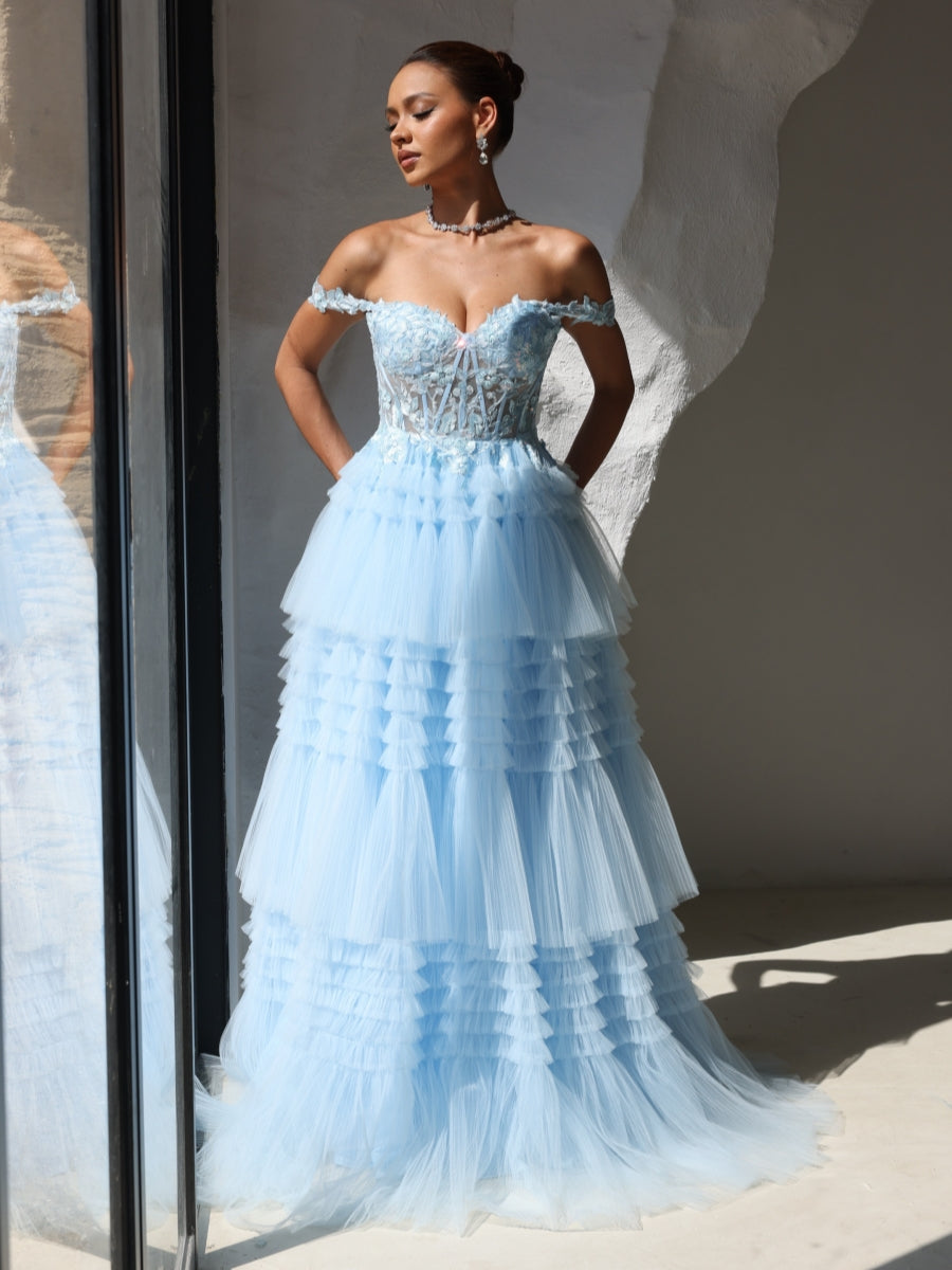 A-Line/Princess Strapless Prom Dresses Floor-Length Tulle Lace Formal Evening Dresses