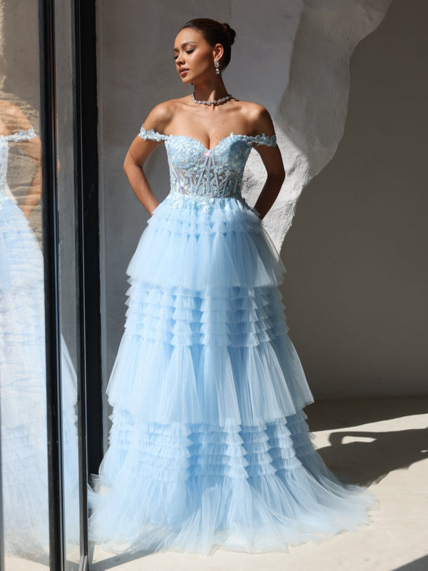 A-Line/Princess Strapless Prom Dresses Floor-Length Tulle Lace Formal Evening Dresses