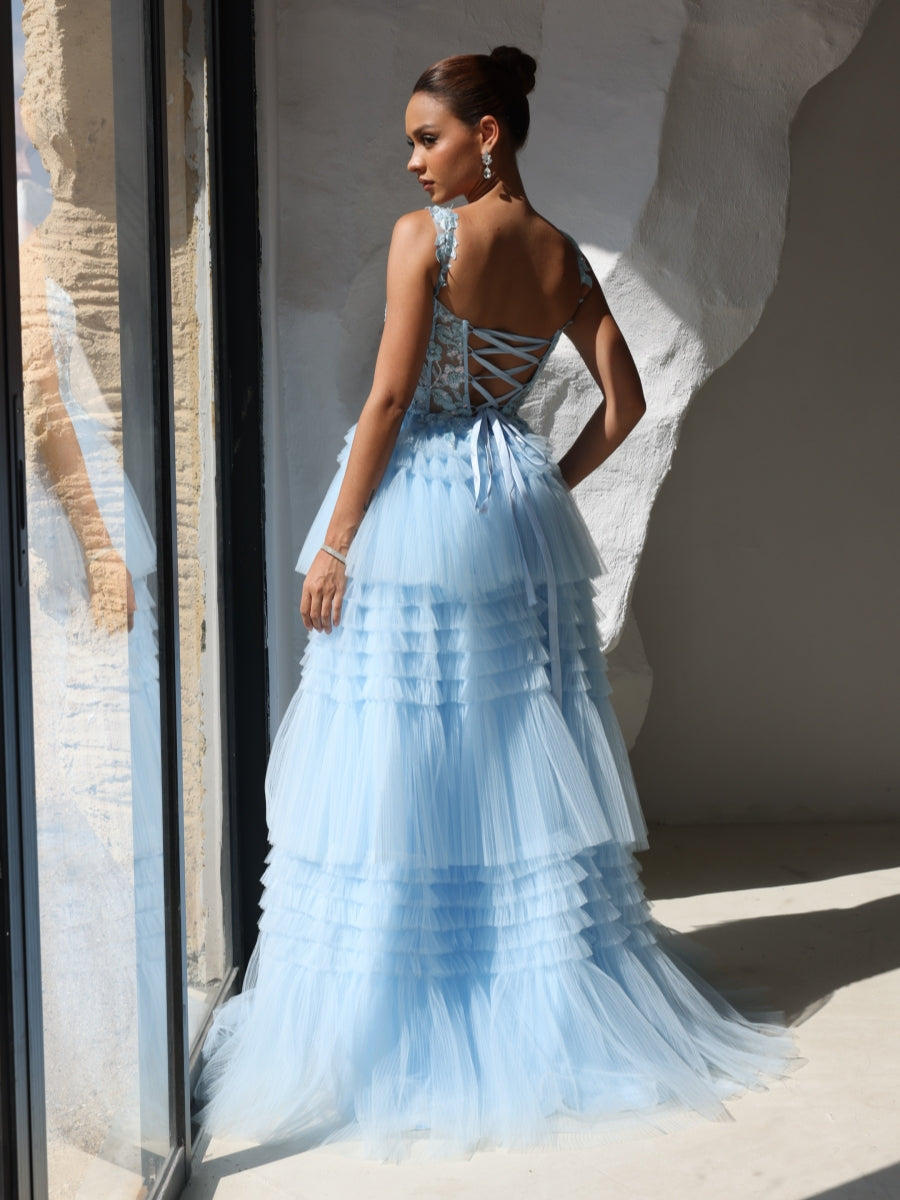 A-Line/Princess Strapless Prom Dresses Floor-Length Tulle Lace Formal Evening Dresses