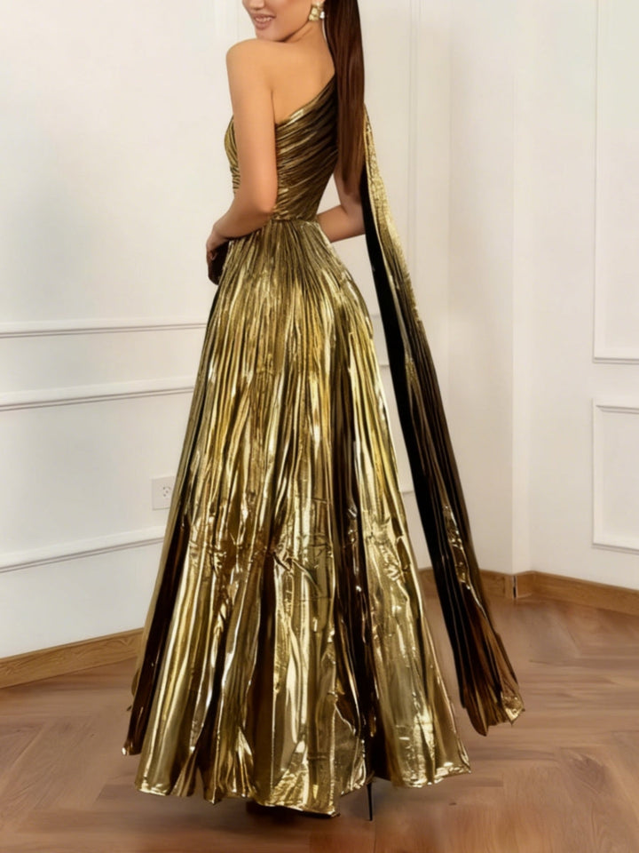 A-Line/Princess One-Shoulder Prom Dresses with Watteau Train Pleated Floor-Length Formal Dresses