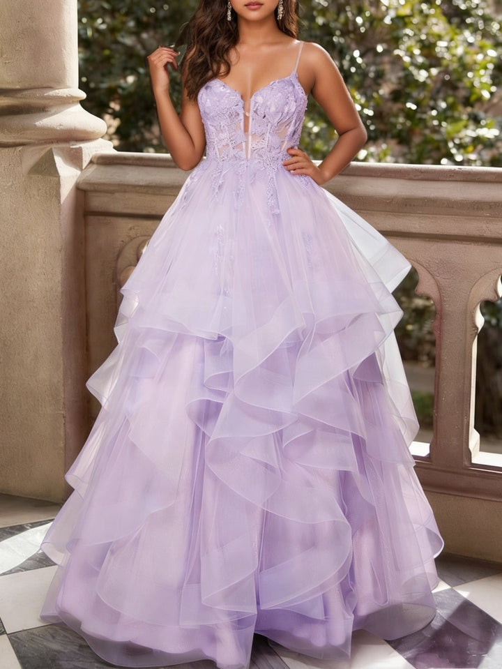 A-Line/Princess Sweetheart Tulle Prom Dresses Floor-Length Ruffles Formal Dresses Lace Spaghetti Straps