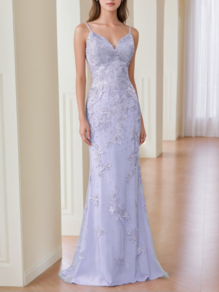 Sheath/Column V-Neck Lace Prom Dresses Sleeveless Floor-Length Formal Dresses Spaghetti Straps