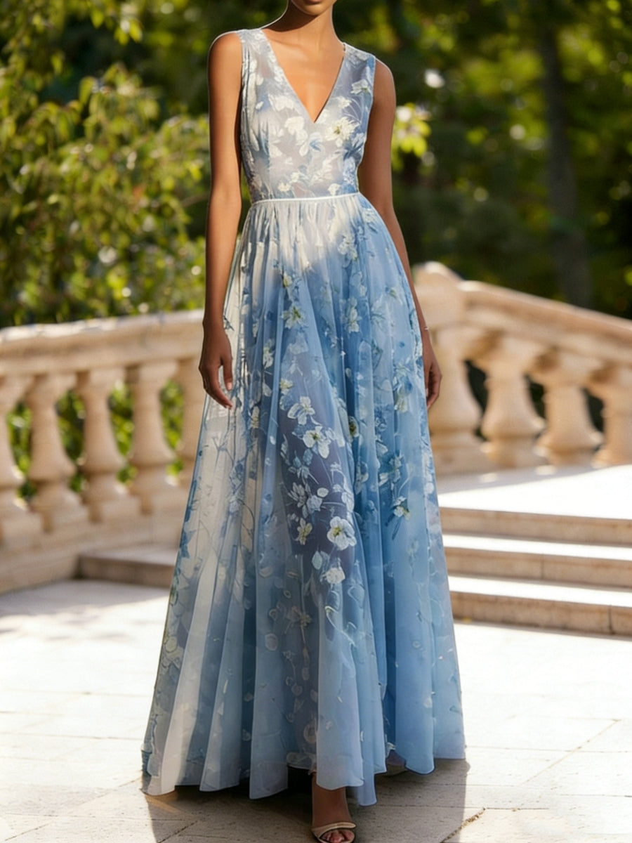 A-Line/Princess V-Neck Lace Prom Dresses Sleeveless Floor-Length Floral Formal Dresses