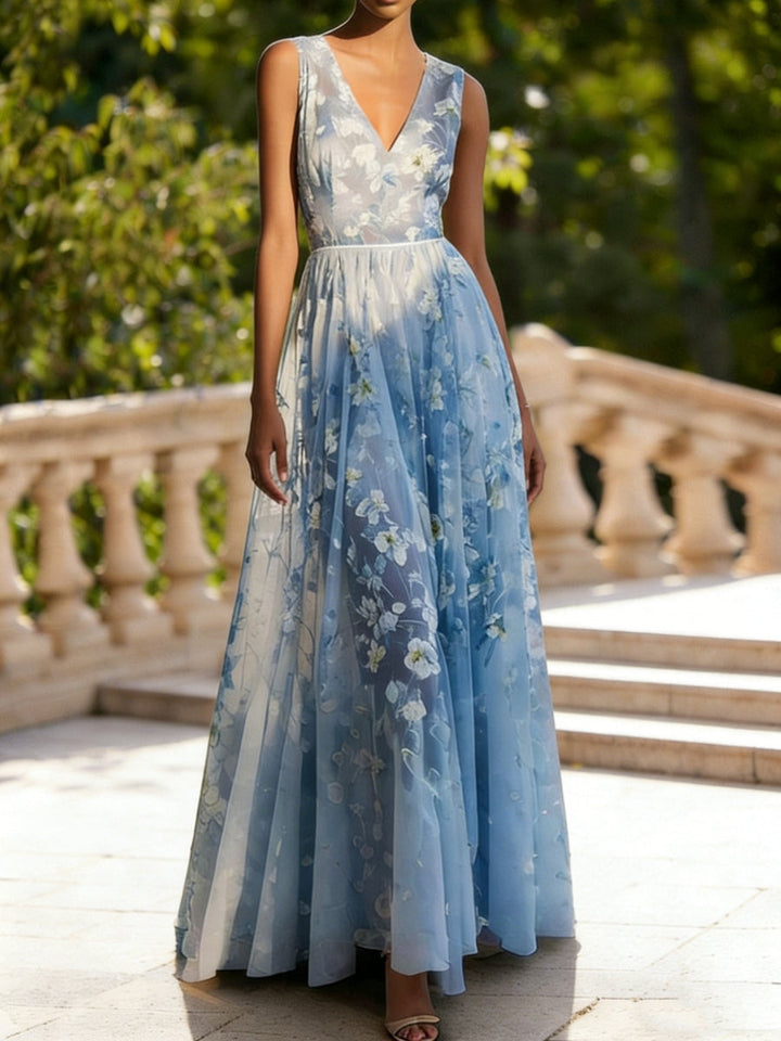 A-Line/Princess V-Neck Lace Prom Dresses Sleeveless Floor-Length Floral Formal Dresses