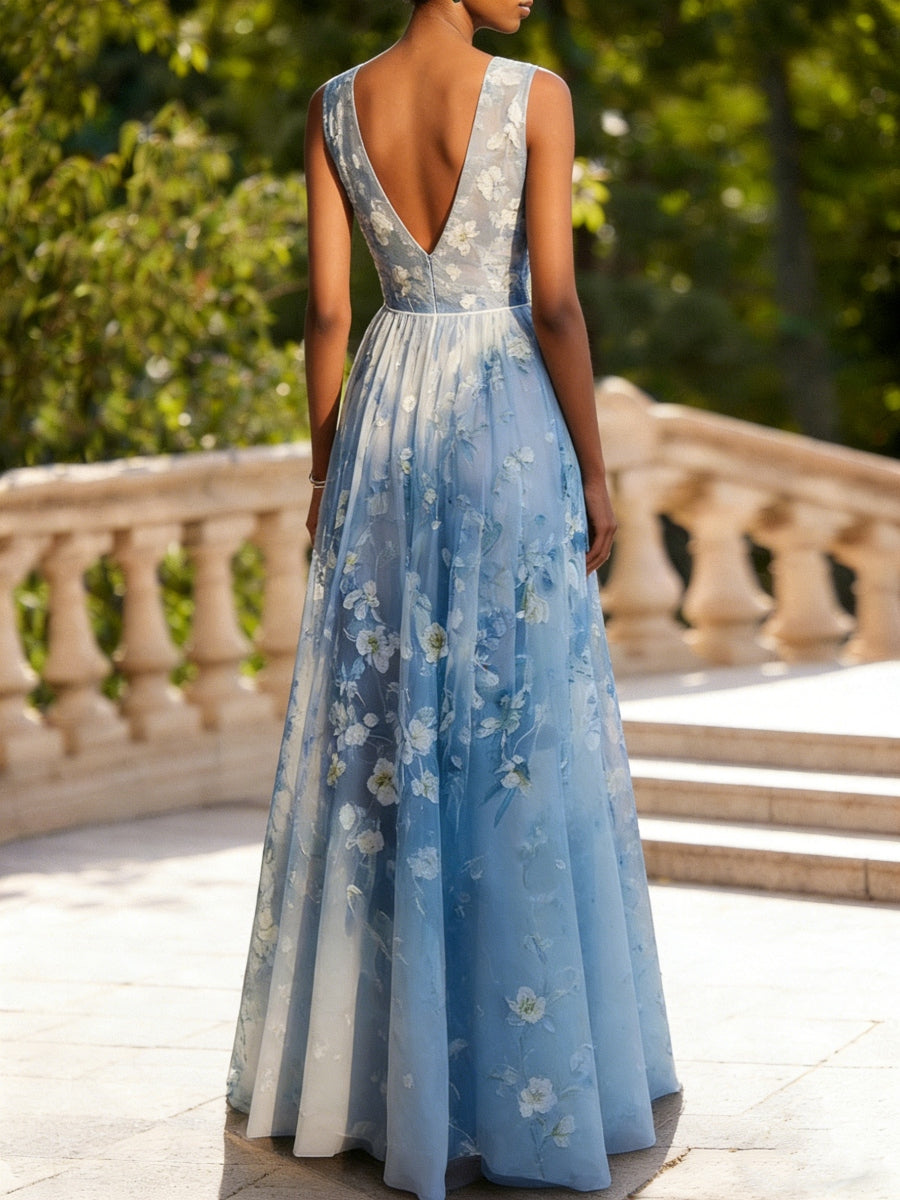 A-Line/Princess V-Neck Lace Prom Dresses Sleeveless Floor-Length Floral Formal Dresses