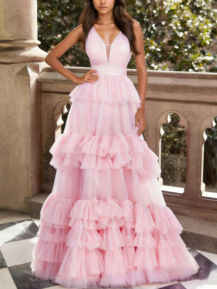 A-Line/Princess V-Neck Tulle Prom Dresses Ruffles Floor-Length Sleeveless Formal Dresses