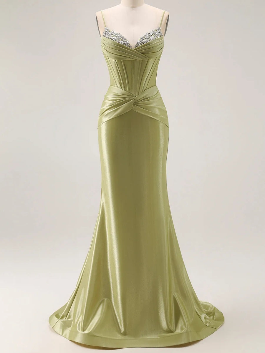 Trumpet/Mermaid Spaghetti Straps Silk Satin Prom Dresses Beading Floor-Length Sleeveless Formal Dress