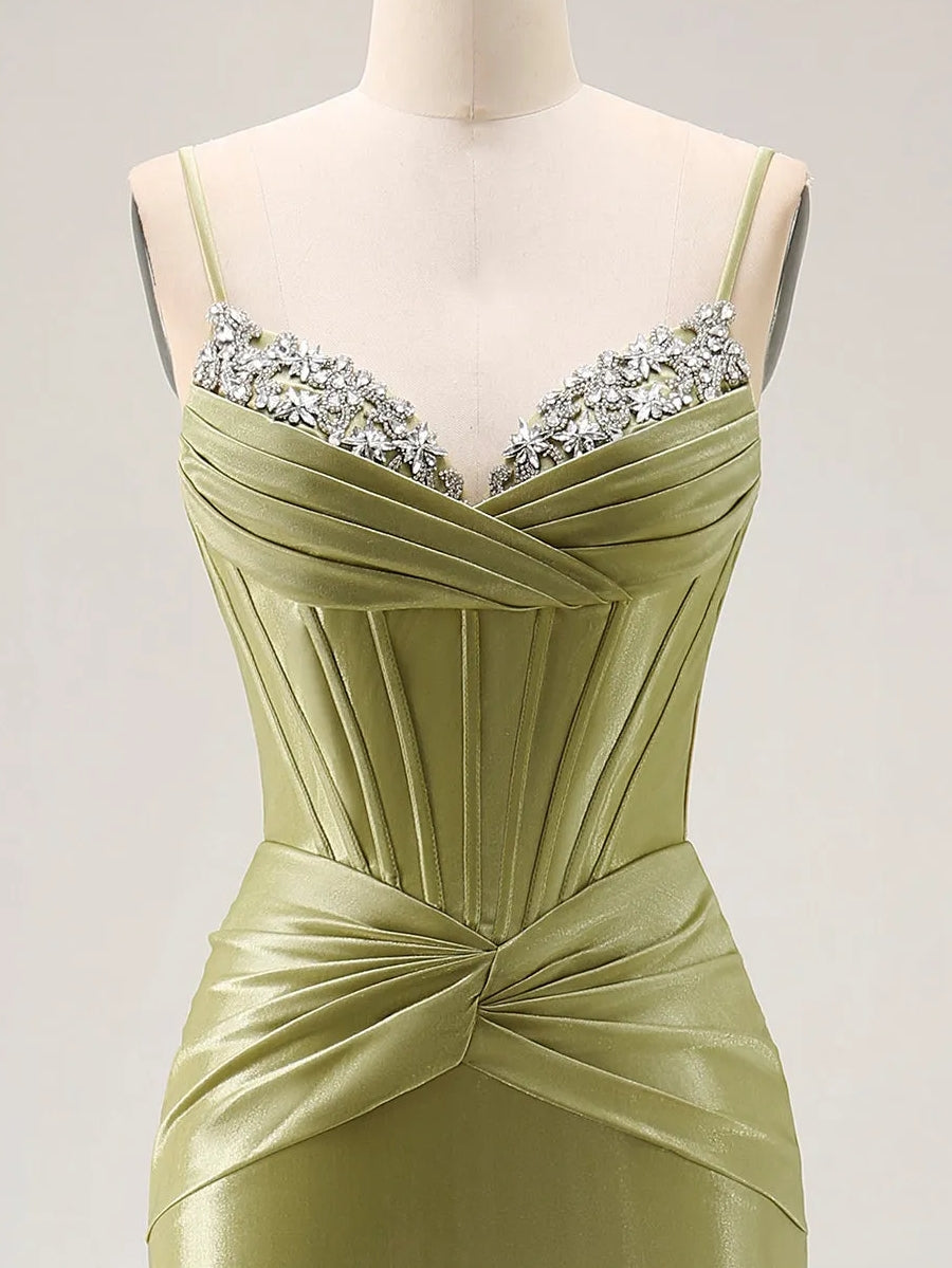 Trumpet/Mermaid Spaghetti Straps Silk Satin Prom Dresses Beading Floor-Length Sleeveless Formal Dress