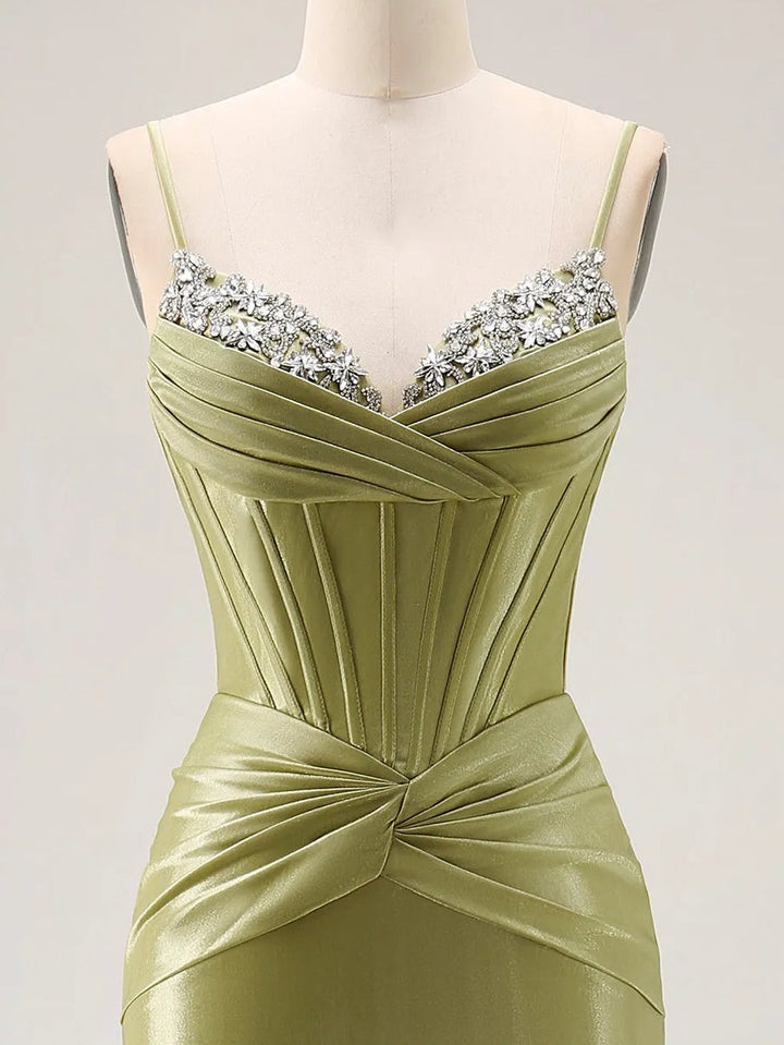 Trumpet/Mermaid Spaghetti Straps Silk Satin Prom Dresses Beading Floor-Length Sleeveless Formal Dress