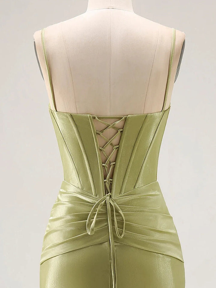 Trumpet/Mermaid Spaghetti Straps Silk Satin Prom Dresses Beading Floor-Length Sleeveless Formal Dress