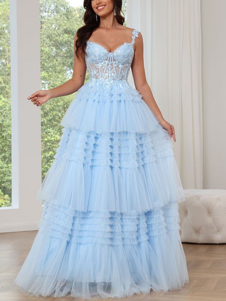 A-Line/Princess Sweetheart Tulle Prom Dresses Lace Floor-Length Spaghetti Straps Formal Dresses