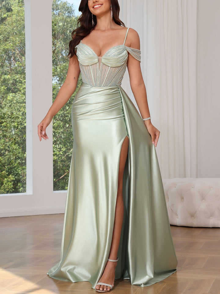 Trumpet/Mermaid Spaghetti Straps Silk Satin Prom Dresses Split Side Floor-Length Sleeveless Beading Sweetheart Formal Dresses