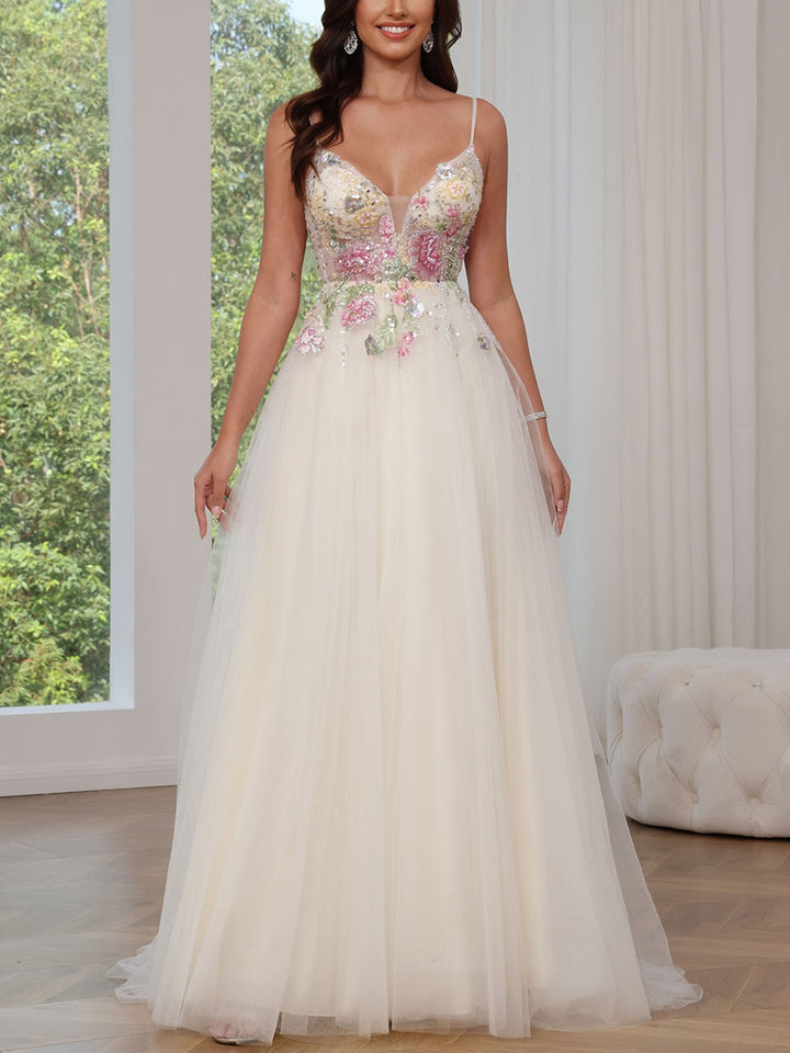 A-Line/Princess Spaghetti Straps Tulle Prom Dresses Sequins Lace Sleeveless Floor-Length Floral Formal Dresses