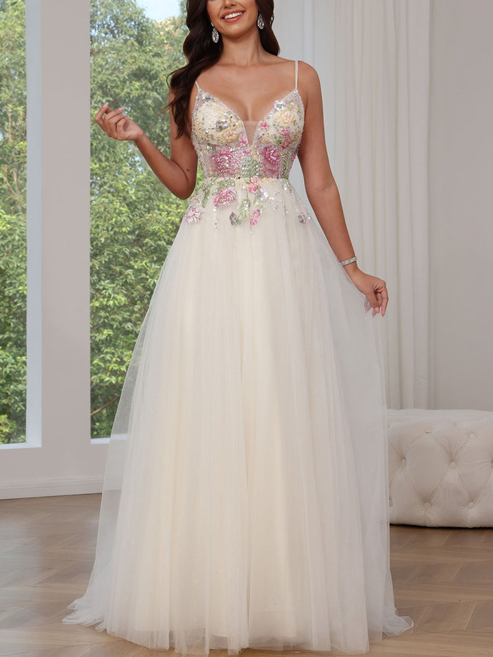 A-Line/Princess Spaghetti Straps Tulle Prom Dresses Sequins Lace Sleeveless Floor-Length Floral Formal Dresses
