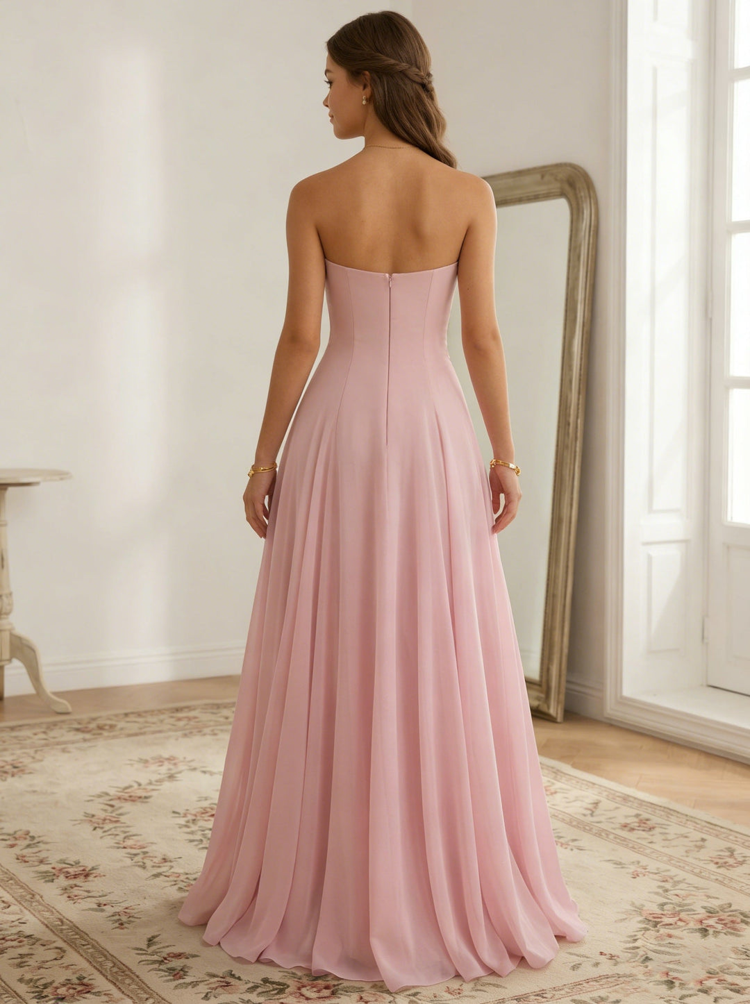 A-Line/Princess Strapless Chiffon Prom Dresses Lace Floral Floor-Length Sleeveless