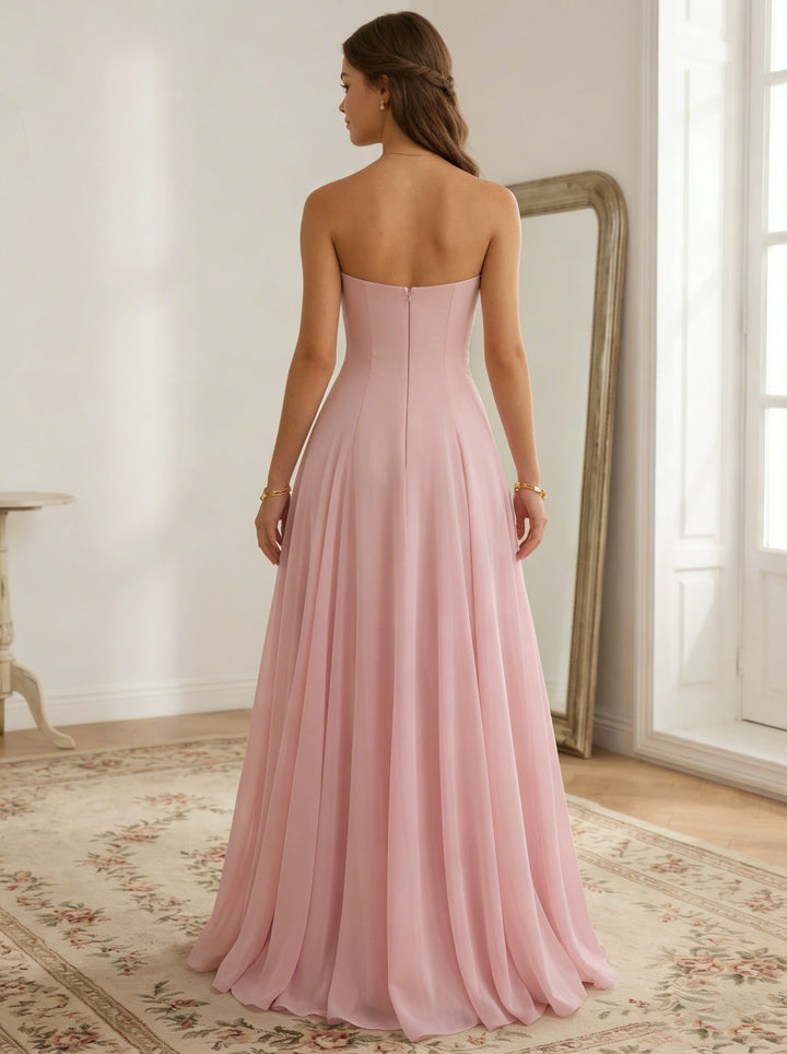A-Line/Princess Strapless Chiffon Prom Dresses Lace Floral Floor-Length Sleeveless