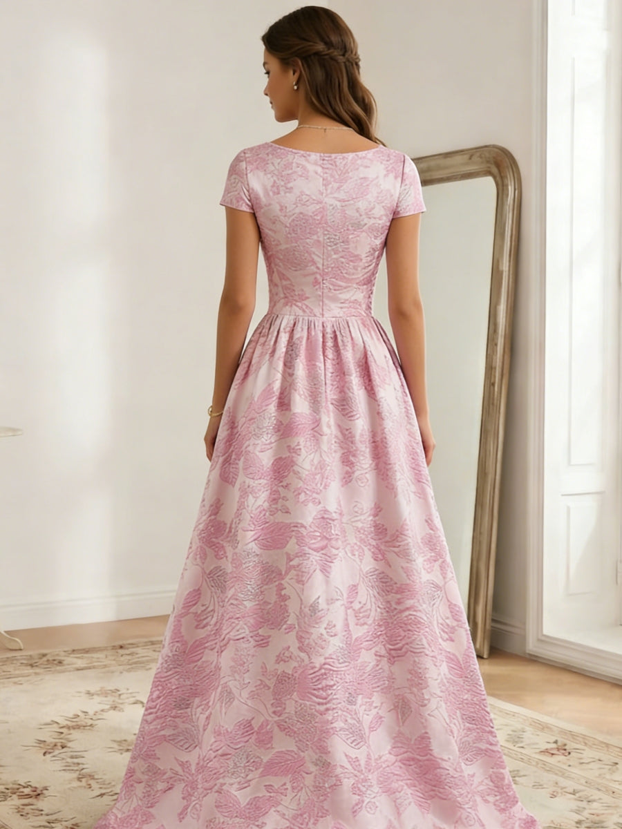 A-Line/Princess V-Neck Jacquard Prom Dresses with Split Side Floral Short Sleeves Floor-Length Formal Dresses