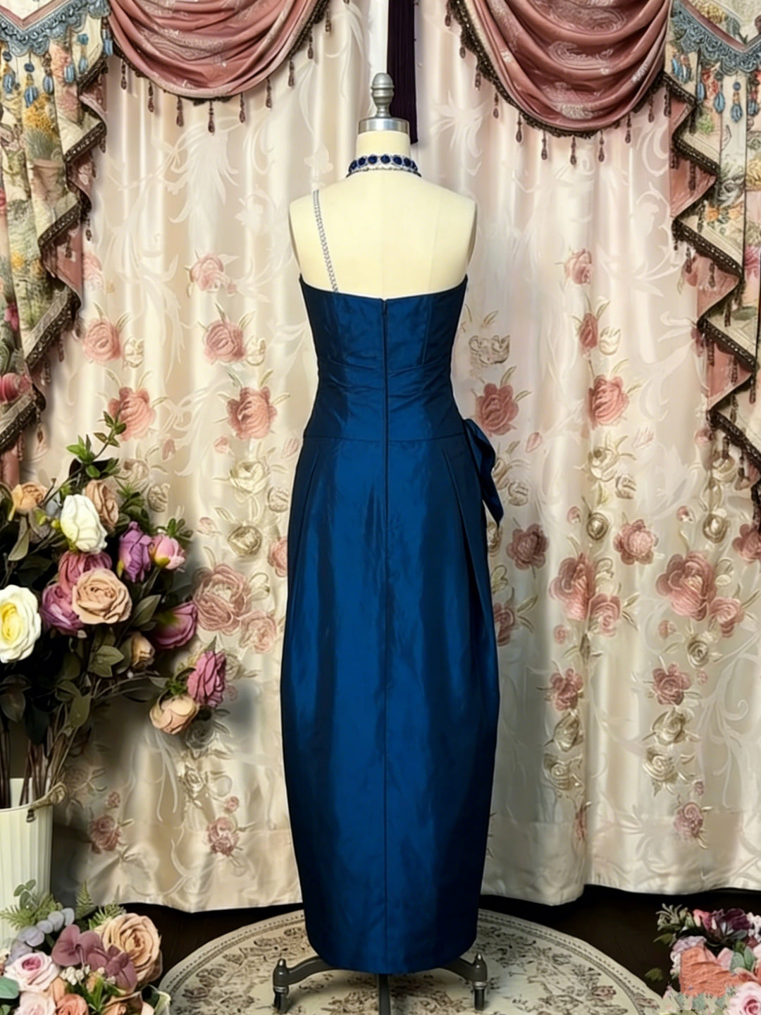 Sheath/Column Single Strap Taffeta Prom Dresses Vintage 80s Iridescent Dress Sleeveless Ankle-Length Bowknot
