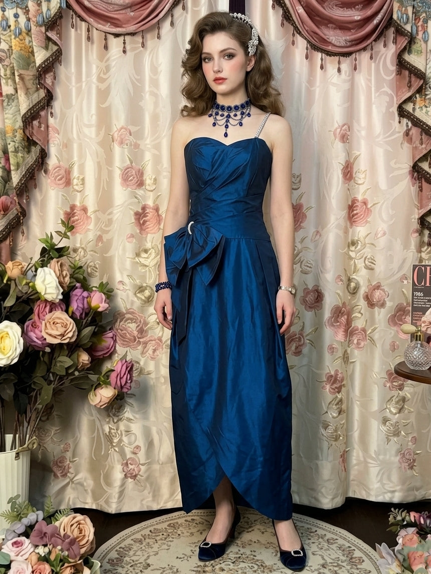 Sheath/Column Single Strap Taffeta Prom Dresses Vintage 80s Iridescent Dress Sleeveless Ankle-Length Bowknot