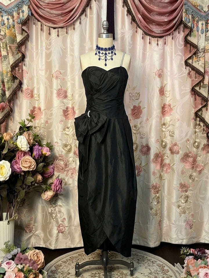 Sheath/Column Single Strap Taffeta Prom Dresses Vintage 80s Iridescent Dress Sleeveless Ankle-Length Bowknot