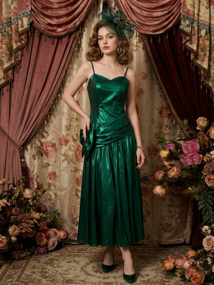 A-Line/Princess Spaghetti Straps Taffeta Prom Dresses Vintage 80s Iridescent Dress Bowknot Sleeveless Tea-Length