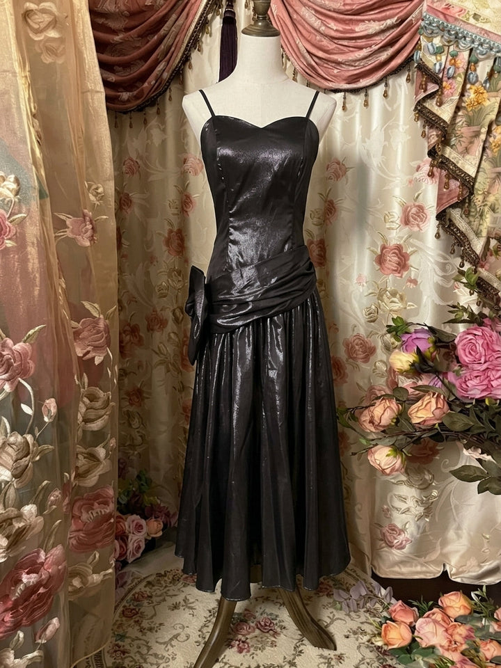 A-Line/Princess Spaghetti Straps Taffeta Prom Dresses Vintage 80s Iridescent Dress Bowknot Sleeveless Tea-Length