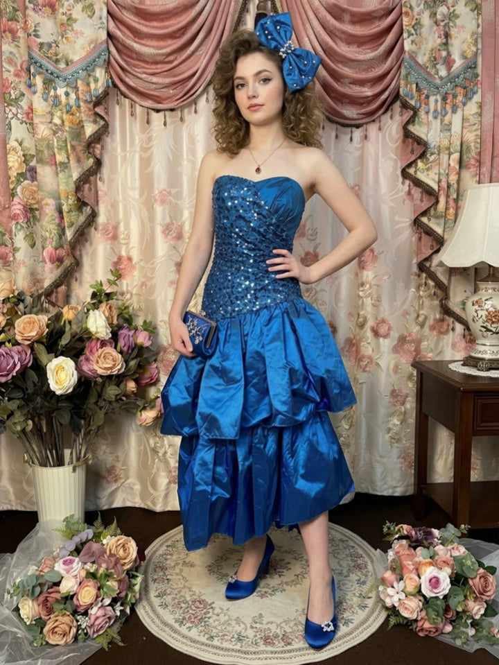A-Line/Princess Strapless Taffeta Prom Dresses Vintage 80s Iridescent Dress Sequins Sleeveless Asymmetrical Tea-Length