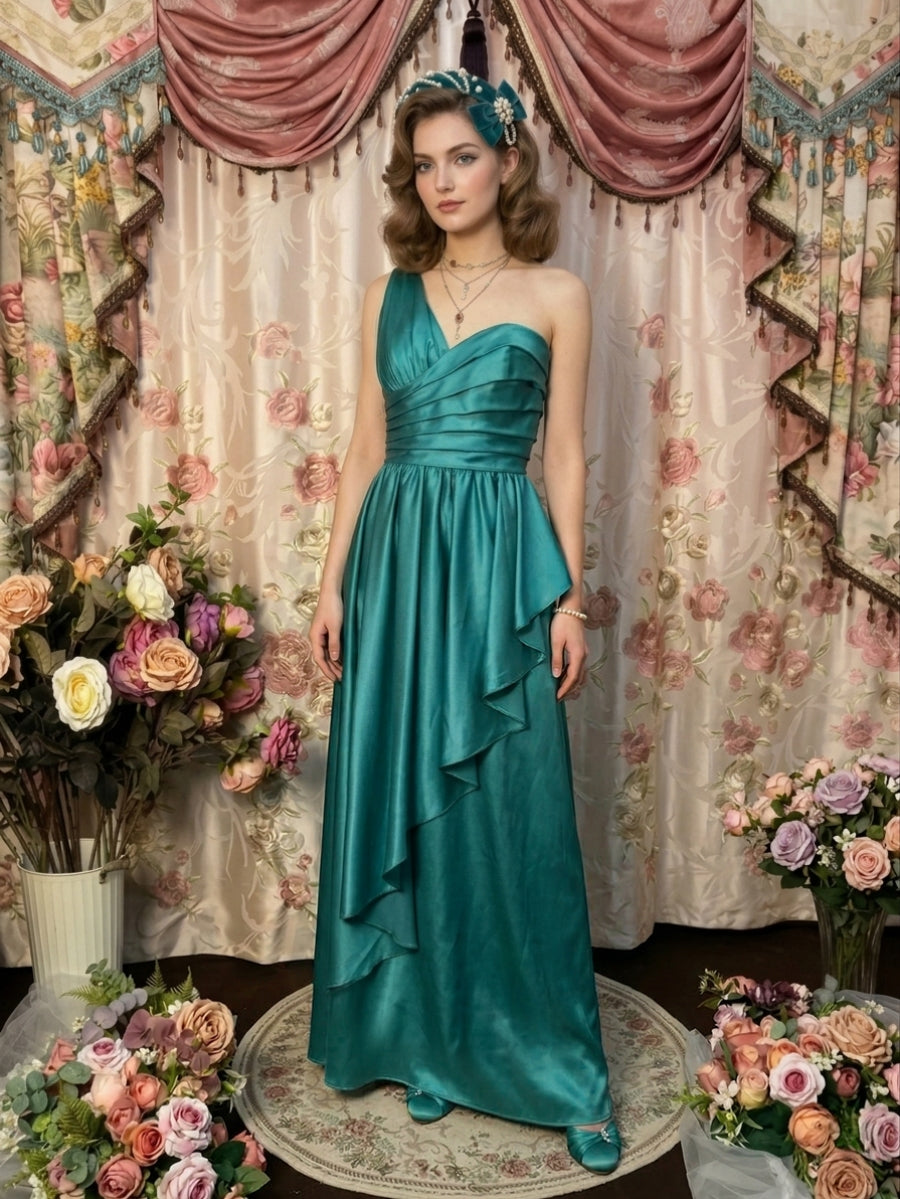 A-Line/Princess One-Shoulder Taffeta Prom Dresses Vintage 80s Iridescent Dress Sleeveless Floor-Length Ruffles