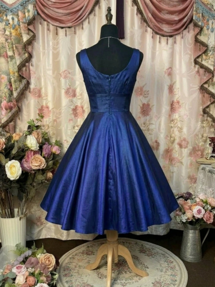A-Line/Princess V-Neck Taffeta Prom Dresses Vintage 80s Iridescent Dress Sleeveless Tea-Length Pleated