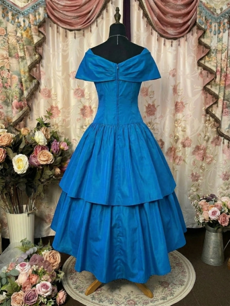 A-Line/Princess Off-the-Shoulder Taffeta Prom Dresses Vintage 80s Iridescent Dress Sleeveless Tea-Length 3D Flower
