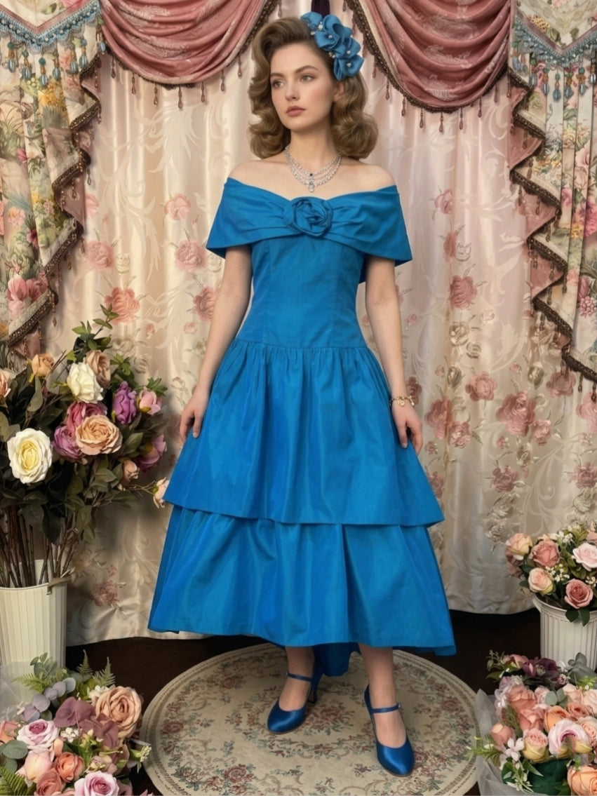 A-Line/Princess Off-the-Shoulder Taffeta Prom Dresses Vintage 80s Iridescent Dress Sleeveless Tea-Length 3D Flower