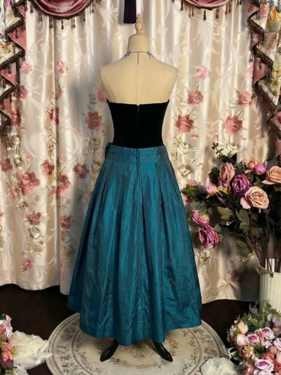 A-Line/Princess Strapless Taffeta Prom Dresses with Bowknot Vintage 80s Iridescent Dress Sleeveless Tea-Length