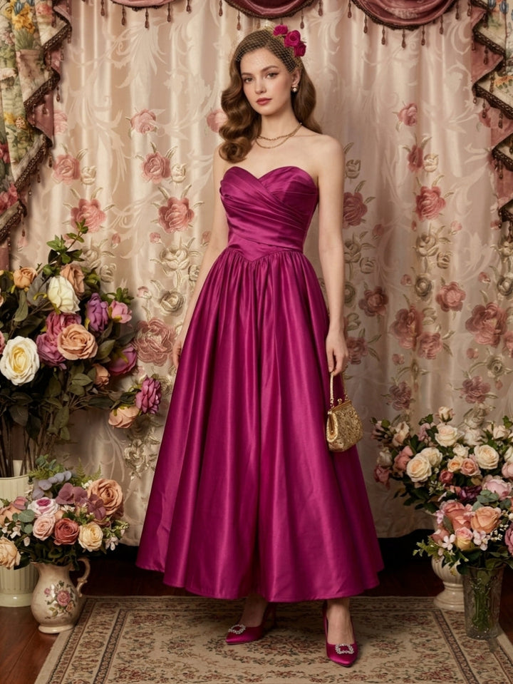 A-Line/Princess Strapless Taffeta Prom Dresses Ruched Vintage 80s Iridescent Dress Sleeveless Ankle-Length