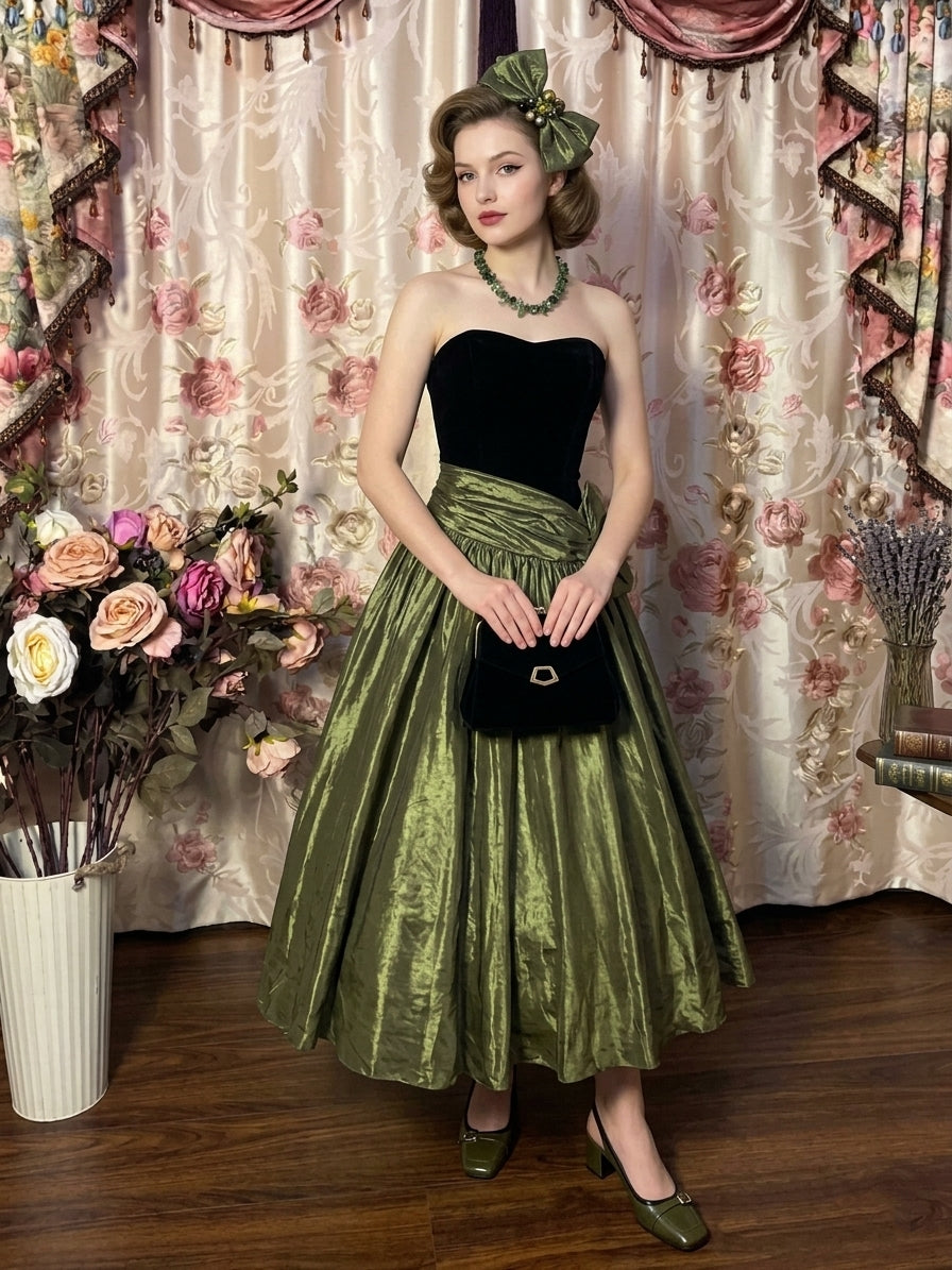 A-Line/Princess Strapless Taffeta Prom Dresses with Bowknot Vintage 80s Iridescent Dress Sleeveless Ankle-Length