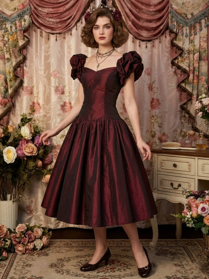 A-Line/Princess Sweetheart Taffeta Prom Dresses Vintage 80s Iridescent Dress Puff Sleeves Tea-Length Pleated