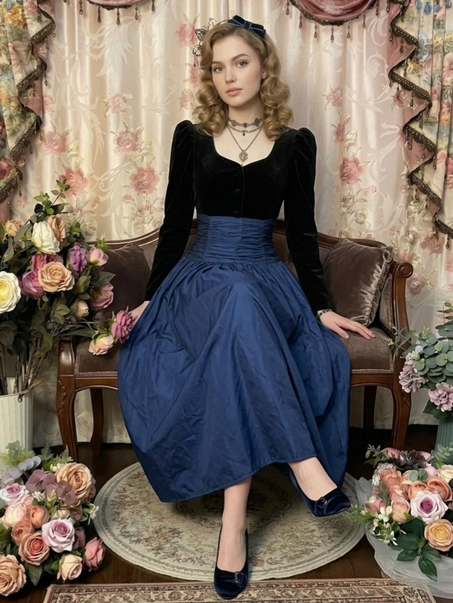 A-Line/Princess Square Collar Taffeta Prom Dresses Pleated Vintage 80s Iridescent Dress Long Sleeves Ankle-Length