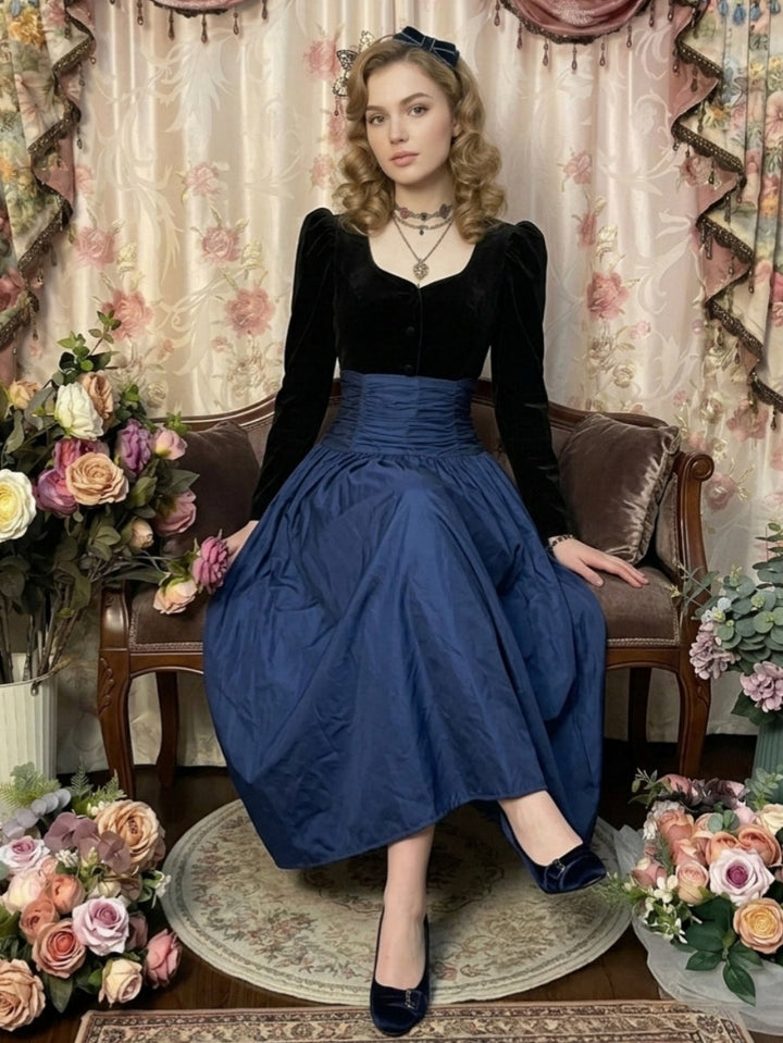 A-Line/Princess Square Collar Taffeta Prom Dresses Pleated Vintage 80s Iridescent Dress Long Sleeves Ankle-Length