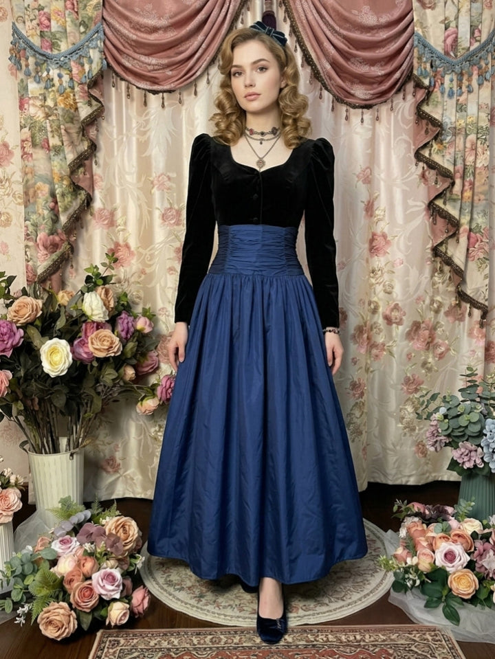 A-Line/Princess Square Collar Taffeta Prom Dresses Pleated Vintage 80s Iridescent Dress Long Sleeves Ankle-Length