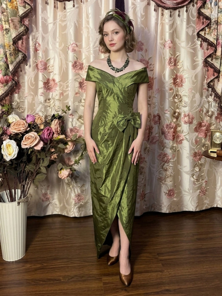 A-Line/Princess Off-the-Shoulder Taffeta Prom Dresses with Split Side Vintage 80s Iridescent Dress Sleeveless Ankle-Length Bowknot
