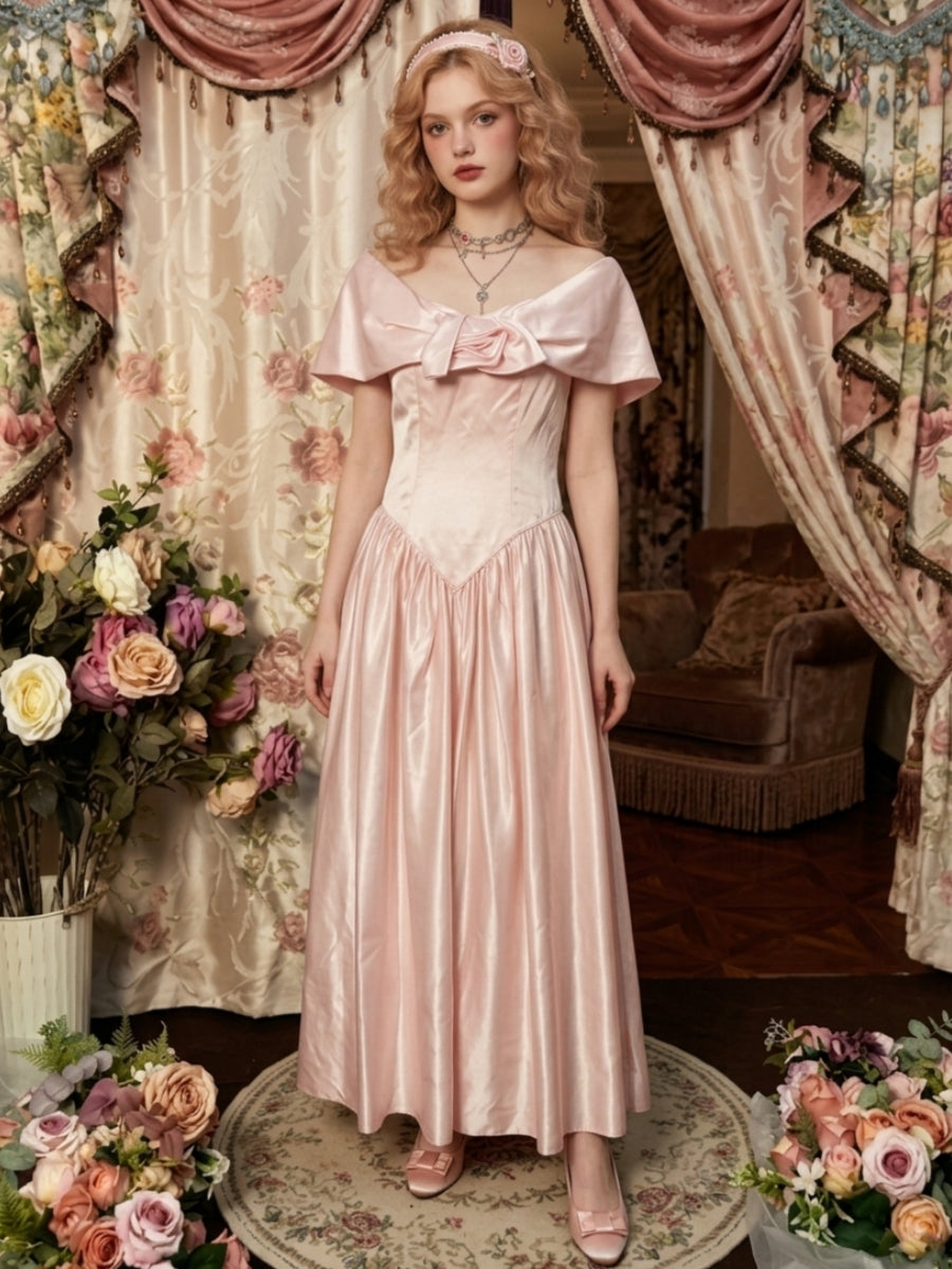 A-Line/Princess Off-the-Shoulder Taffeta Prom Dresses Vintage 80s Iridescent Dress Sleeveless 3D Flower Ankle-Length