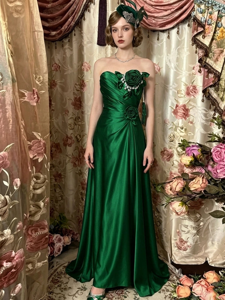 A-Line/Princess Strapless Taffeta Prom Dresses Vintage 80s Iridescent Dress Sleeveless Floor-Length 3D Flower