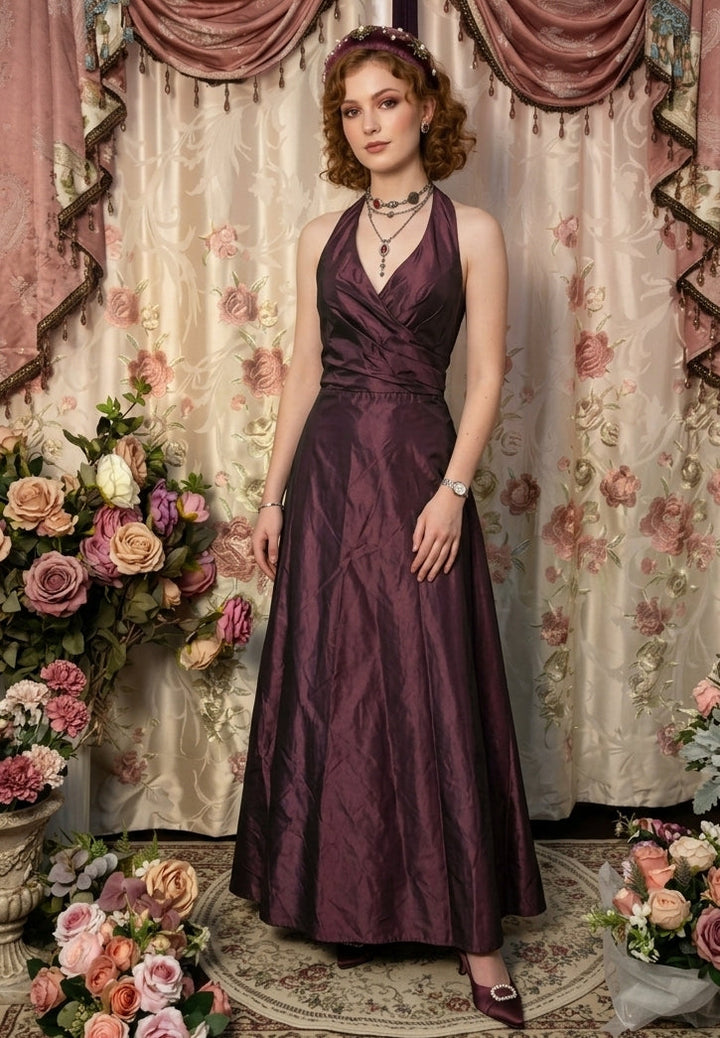 A-Line/Princess Halter Taffeta Prom Dresses Vintage 80s Iridescent Dress Sleeveless Floor-Length