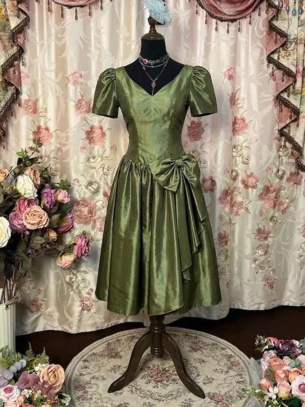 A-Line/Princess V-Neck Taffeta Prom Dresses Bowknot Vintage 80s Iridescent Dress Short Sleeves Tea-Length
