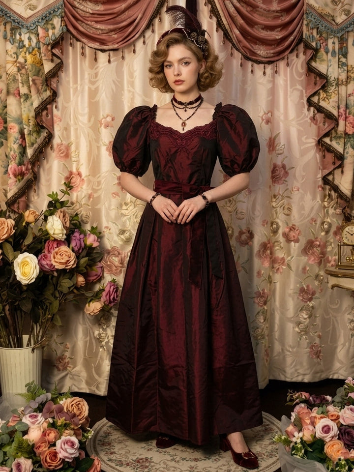 A-Line/Princess Square Collar Taffeta Prom Dresses Vintage 80s Iridescent Dress Short Sleeves Ankle-Length