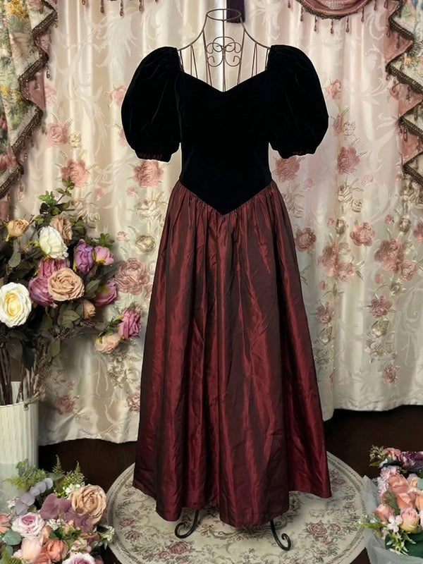 A-Line/Princess Square Collar Taffeta Prom Dresses Vintage 80s Iridescent Dress Short Sleeves Ankle-Length