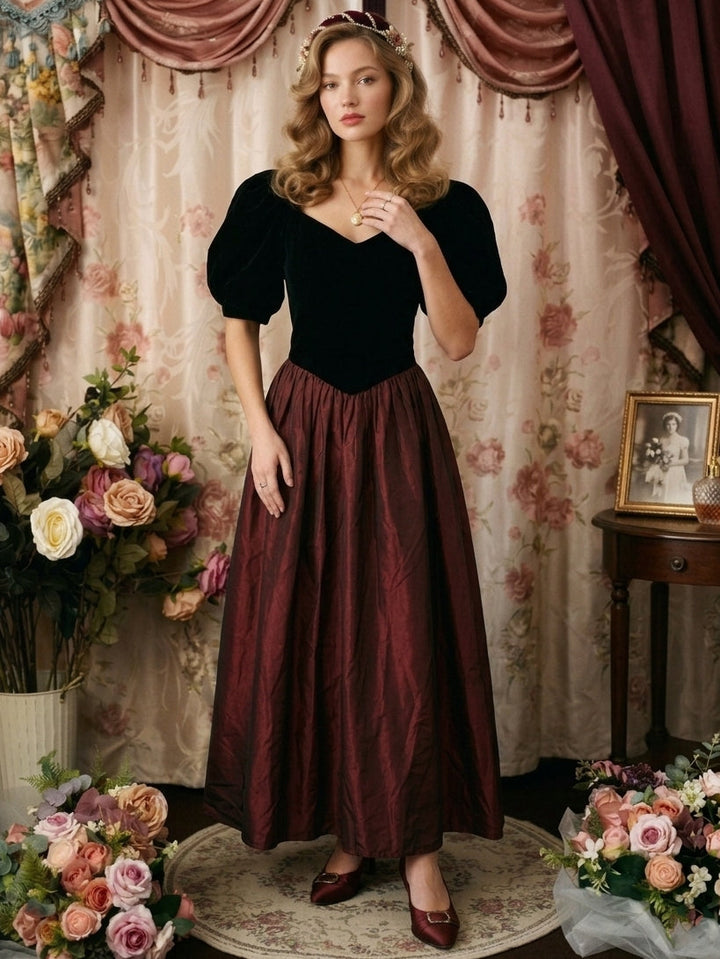 A-Line/Princess Square Collar Taffeta Prom Dresses Vintage 80s Iridescent Dress Short Sleeves Ankle-Length