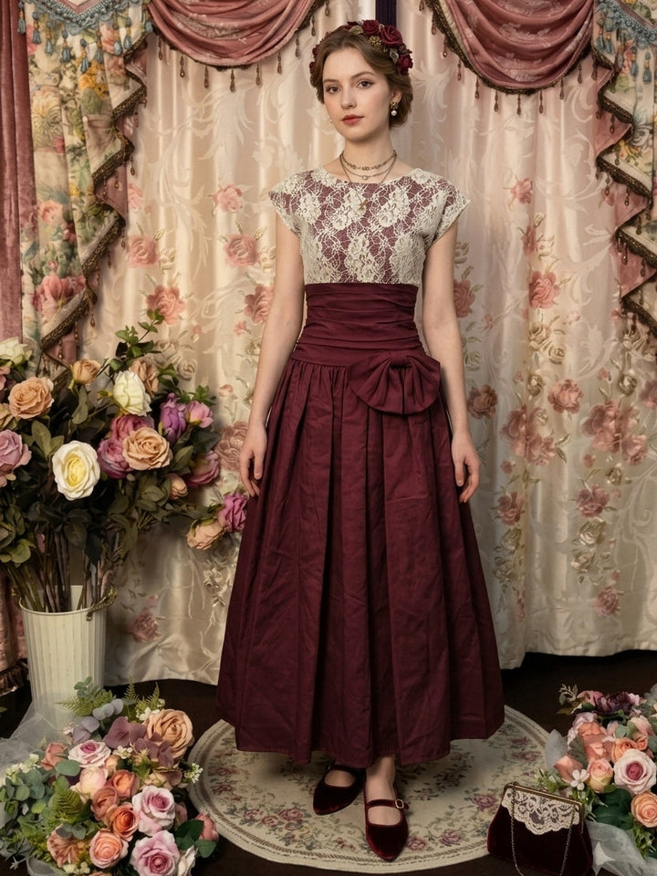 A-Line/Princess Scoop Taffeta Prom Dresses Bowknot Vintage 80s Iridescent Lace Dress Short Sleeves Ankle-Length